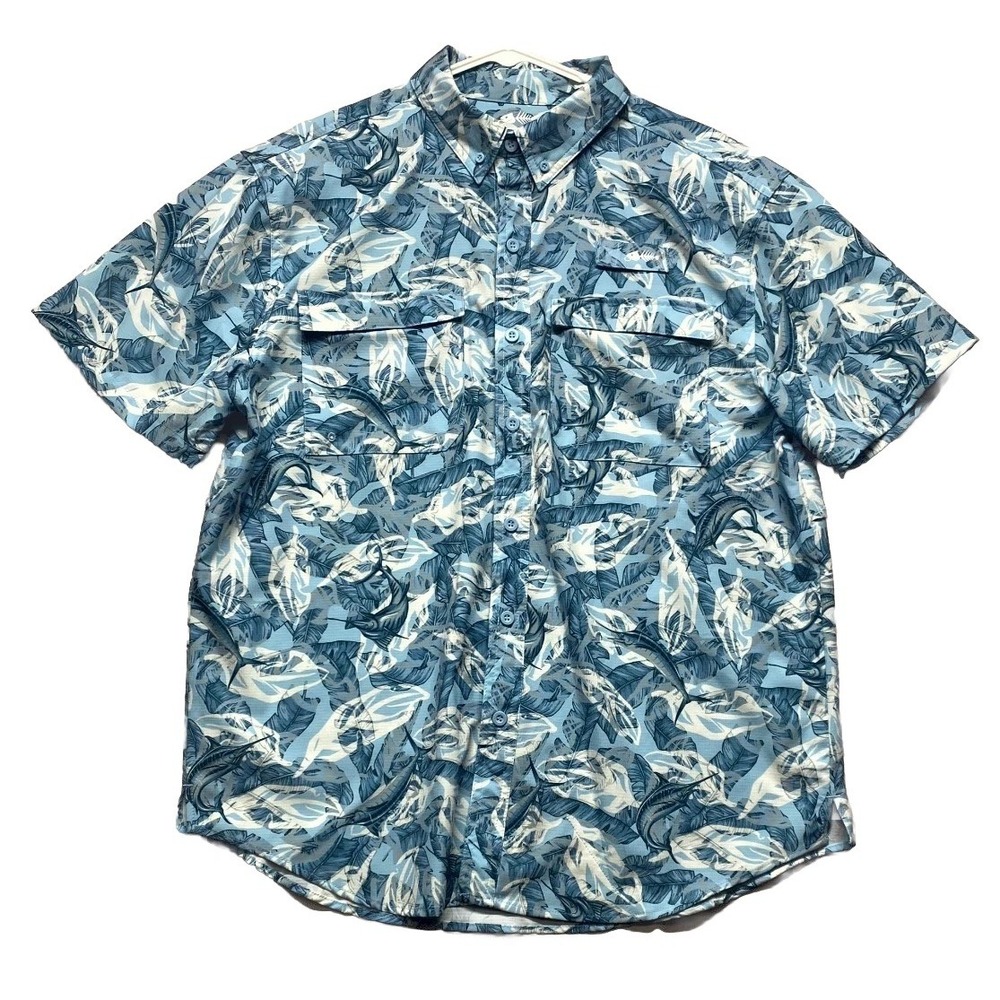 Silver Bait Shirt Men L Blue White Fishing Print Short Sleeve Vented Button Down